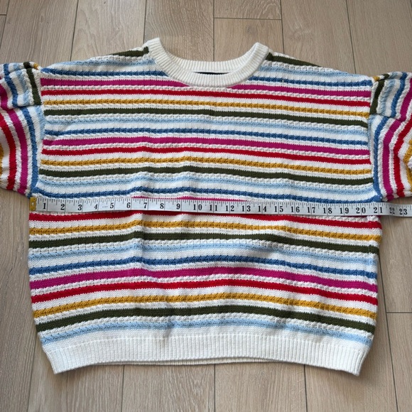 Aqua Balloon Sleeve Rainbow Striped Sweater Women’s Size Large Cotton Blend - Picture 9 of 10